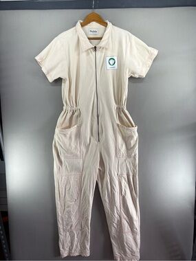 Noble Jumpsuit Womens XL Beige Short Sleeve Zip Front Utility Coverall Graphic